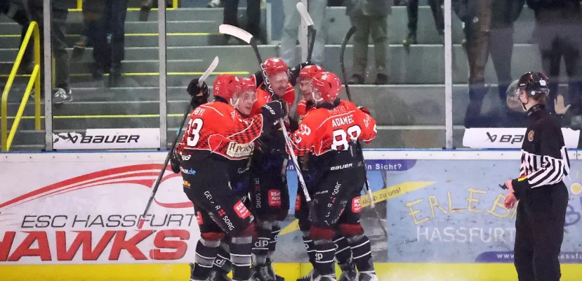 Tor für Haßfurt. Torschütze Michael Breyer (mitte) feiert mit (von links) Tomas Pribyl, Filip Strombach, Jan Zedek und Vaclav Adamec.